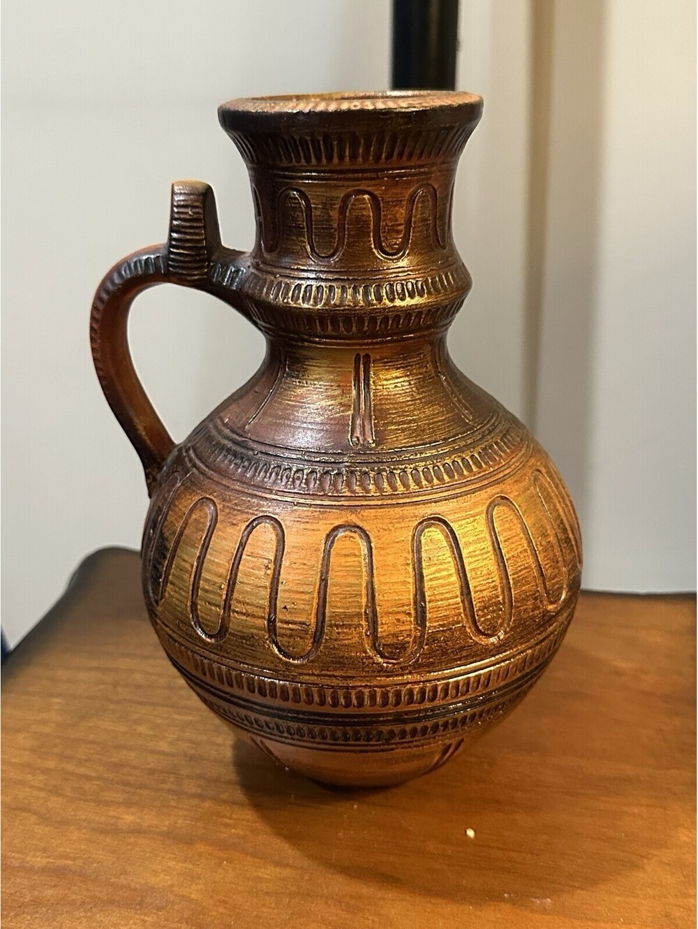 Vintage Norleans Mid-Century Bronze Painted Etched Jug Pitcher With Handle